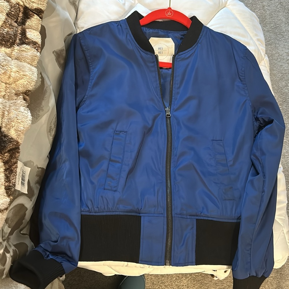 Blue bomber jacket from Anthropology.